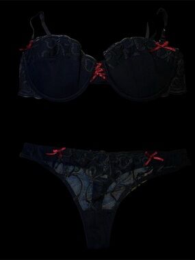 Black Lace Bra with Red Ribbon Accents